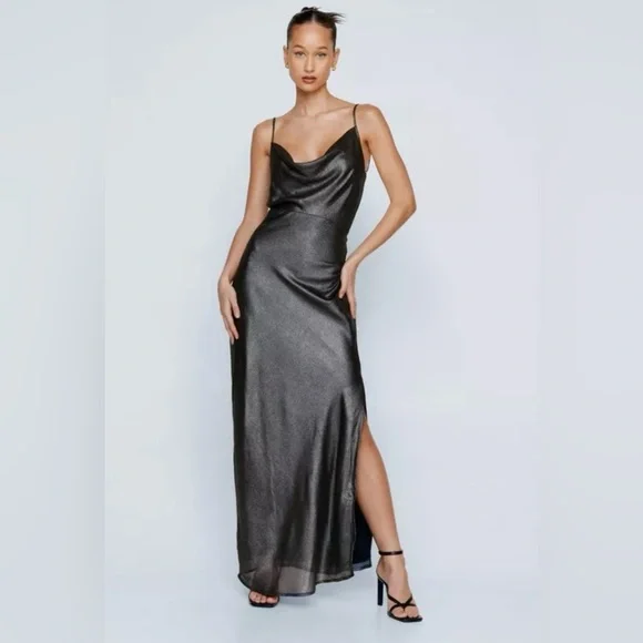 Dresses | Silver Gunmetal Metallic Maxi Dress Size 18 Nasty Gal Never Worn  Open Back | Poshmark